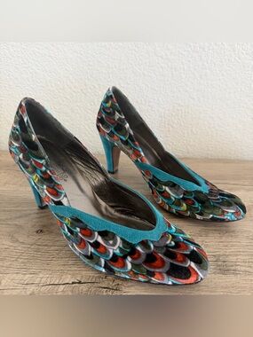 Peacock Animal Print Women Formal Evening High Heel Pumps 38 Spain Green Blue